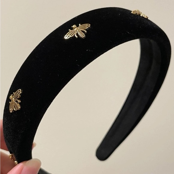 Black Velvet Gold Bee Detail Hairband - Picture 2 of 2